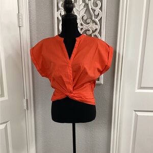 Evereve top with caped sleeves and a gathered waist.